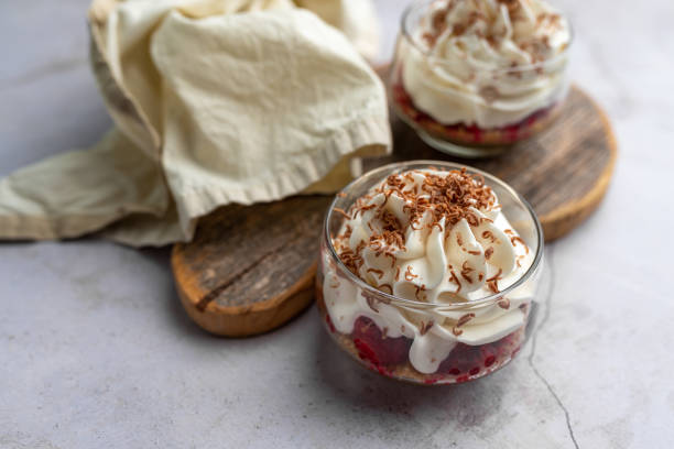 istock White Chocolate mousse dessert in a glass with raspberry and chocolate shavings 1282599890