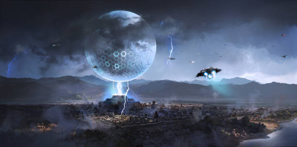 istock Alien spacecraft appeared over ancient cities,Science fiction illustration. 1282600685