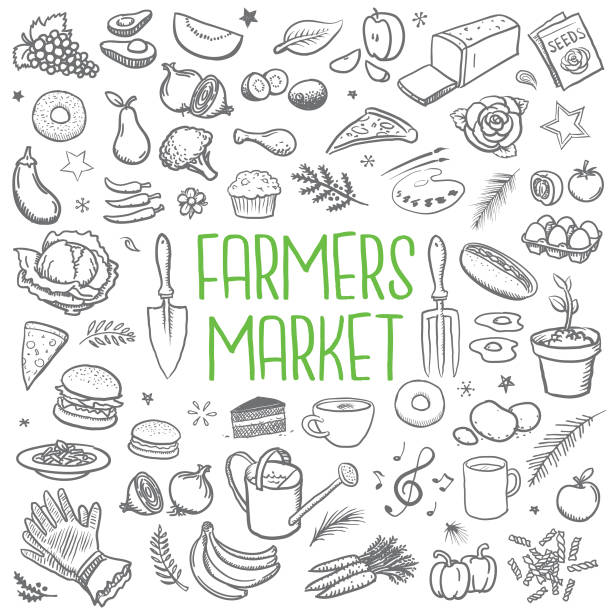ilustraciones, imágenes clip art, dibujos animados e iconos de stock de el mercado de agricultores esbozó iconos - farmers market illustrations