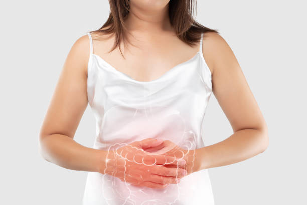 Drawing of the large intestine is on the woman's body, on a gray background. Food poisoning and enteritis. Irritable Bowel Syndrome Drawing of the large intestine is on the woman's body, on a gray background. Food poisoning and enteritis. Irritable Bowel Syndrome colon photos stock pictures, royalty-free photos & images