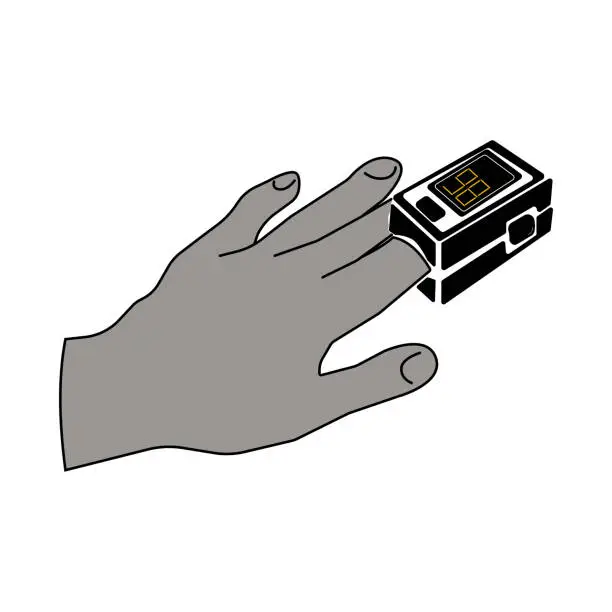 Vector illustration of Silhouette of a hand with a pulse oximeter on a finger, a medical device for determining blood oxygen saturation, diagnostics and prevention of diseases, health monitoring