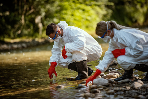 Biologist takes water from a forest river to study the composition in the laboratory