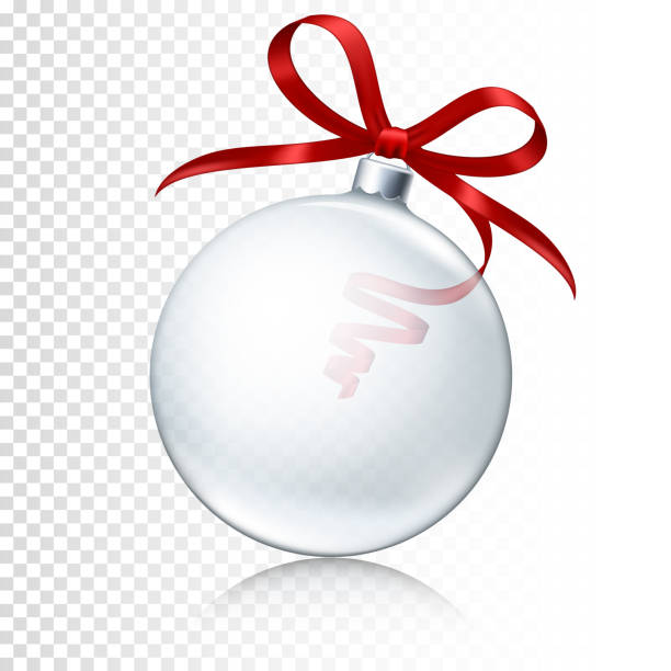 transparente realistische weihnachtskugel mit rotem band isoliert. - weihnachtskugel stock-grafiken, -clipart, -cartoons und -symbole