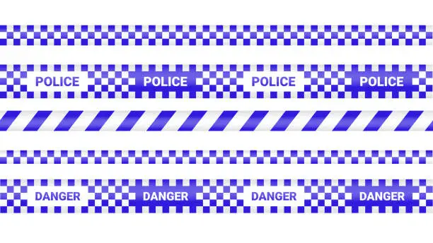 Vector illustration of Police tape, crime danger line. Barricade police lines isolated. Warning and barricade tapes. Set of blue warning ribbons. Vector illustration