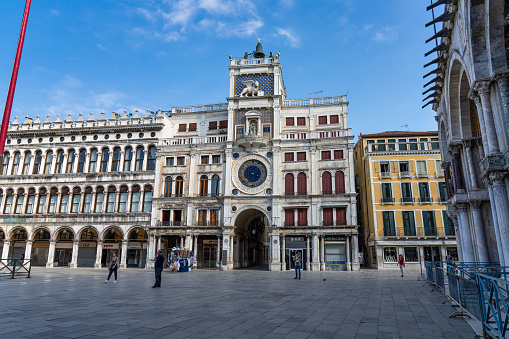 Venice, Italy - Jun 30, 2020: Astronomical clock tower with zodiac signs of St. Mark - Torre dell'Orologio - in Venice, Italy
