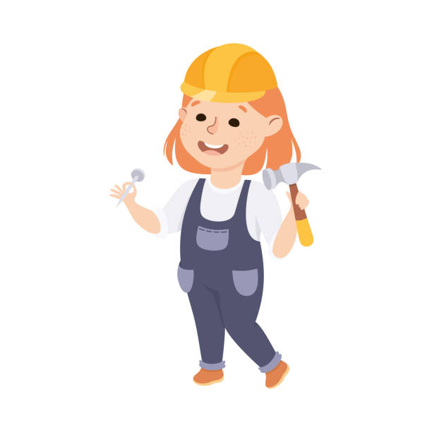 Cute Builder with Hammer and Nail, Little Girl in Hard Hat and Blue Overalls with Construction Tools Cartoon Style Vector Illustration Cute Builder with Hammer and Nail, Little Girl in Hard Hat and Blue Overalls with Construction Tools Cartoon Style Vector Illustration Isolated on White Background. girl with a hammer stock illustrations