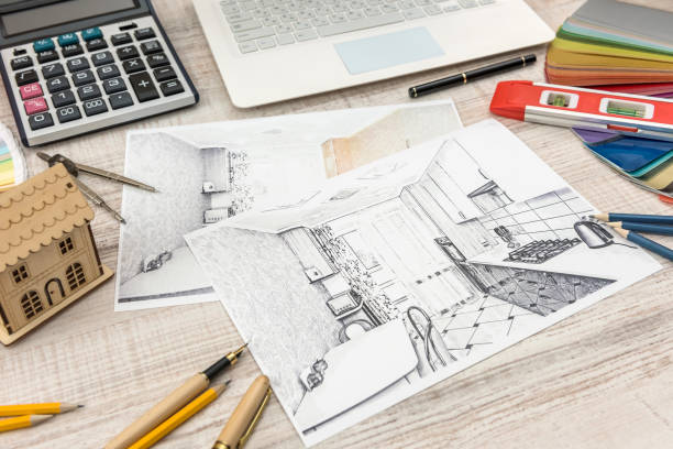 istock Workplace of architect. sketch architectural project with engineering tools, color sampler  for creating. 1282623238
