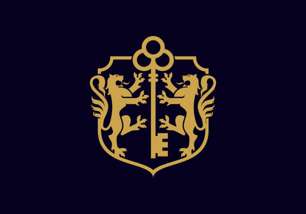 ilustraciones, imágenes clip art, dibujos animados e iconos de stock de león heráldico real vintage y capa clave de icono vectorial de la cresta del brazo - coat of arms