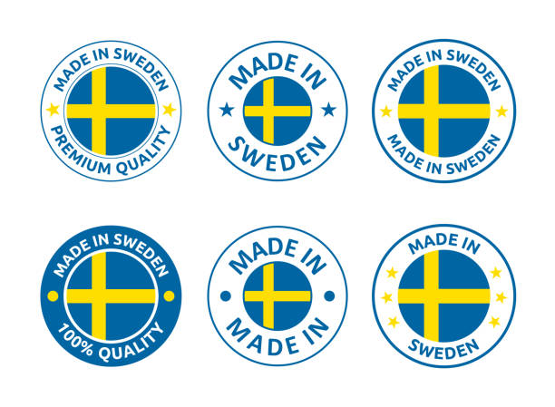 ilustraciones, imágenes clip art, dibujos animados e iconos de stock de hecho en suecia etiquetas conjunto, hecho en reino de suecia emblema del producto - stockholm market europe sweden