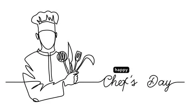 Vector illustration of Happy Chefs Day simple vector web banner, border, background, poster. Lineart illustration with text Chefs Day. One continuous line drawing