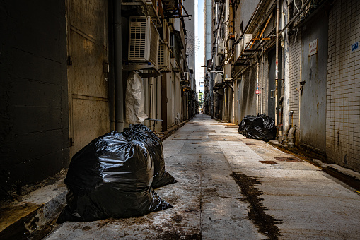 Back alley between apartments in residential area, Kowloon City, Hong Kong