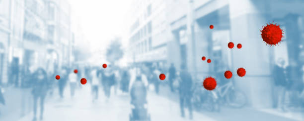 blue blurred city life background with red virus in foreground, symbol for transmission of virus during people concact without social distance blue blurred city life background with red virus in foreground, symbol for transmission of virus during people concact without social distance tracing stock pictures, royalty-free photos & images
