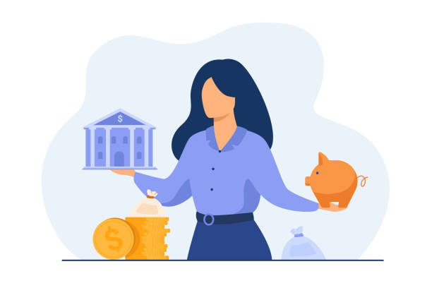 Woman choosing between bank and piggybank Woman choosing between bank and piggybank, choosing instrument for saving, planning budget or loan. Vector illustration for personal finance or economy concept financial loan illustrations stock illustrations