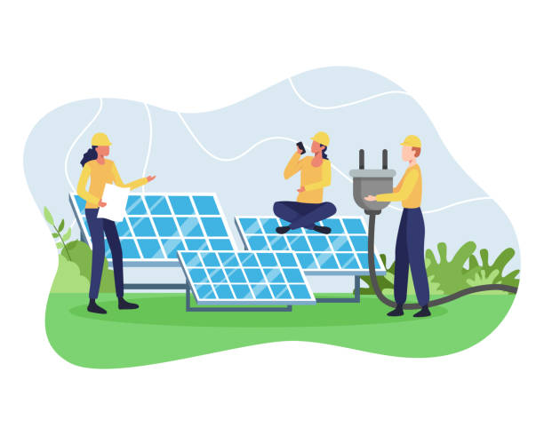 Vector concept of Renewable energy Alternative energy resource with solar panels, Solar panel power and Engineer character. Green and Environmentally friendly energy. Vector in a flat style solar panel stock illustrations