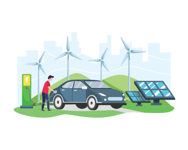 ilustrações de stock, clip art, desenhos animados e ícones de vector illustration electric car concept - man energy turbine