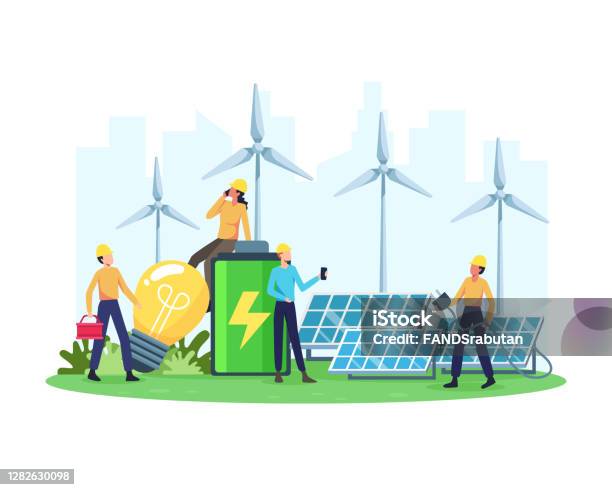 Vektorillustration Förnyelsebar Energibegrepp-vektorgrafik och fler bilder på Förnybar energi - Förnybar energi, Sysselsättning - Människoroller, Hållbar energi