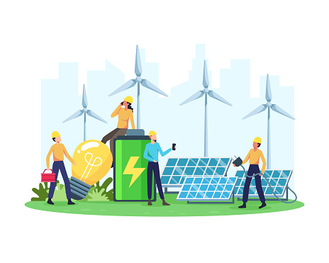 Renewable electric power station with solar panels and wind turbines. Clean electric energy from renewable sources sun and wind. Vector in a flat style