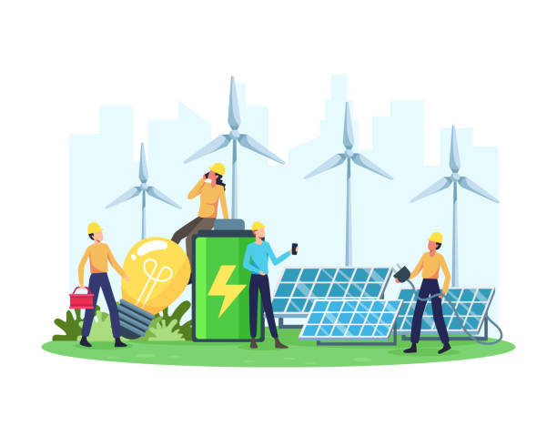 Vector illustration Renewable energy concept Renewable electric power station with solar panels and wind turbines. Clean electric energy from renewable sources sun and wind. Vector in a flat style battery illustrations stock illustrations