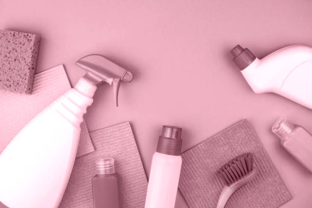 istock House cleaning products are on pinkl background. 1282631418