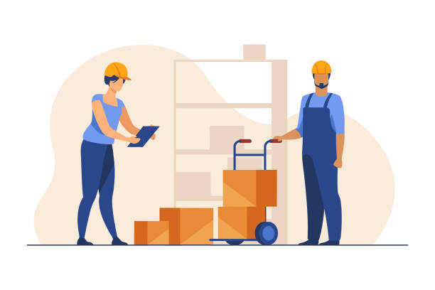 Storehouse workers keeping records of boxes Storehouse workers keeping records of boxes. Warehouse employees in helmets with packages flat vector illustration. Logistics, shipment concept for banner, website design or landing web page warehouse stock illustrations