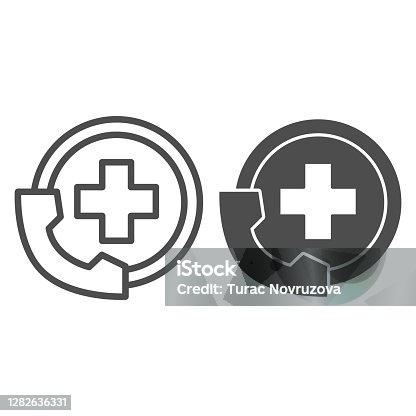 istock Handset and medicine cross line and solid icon, Medical concept, Emergency call sign on white background, Handset with medical icon in outline style for mobile concept and web design. Vector graphics. 1282636331