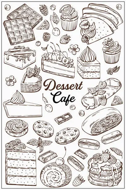 Vector illustration of Dessert set, cake, pastry, muffins, strudel, waffles and more item are hand-draw vintage engraving illustration for poster, label and menu. Illustration set in graphic sketch style.