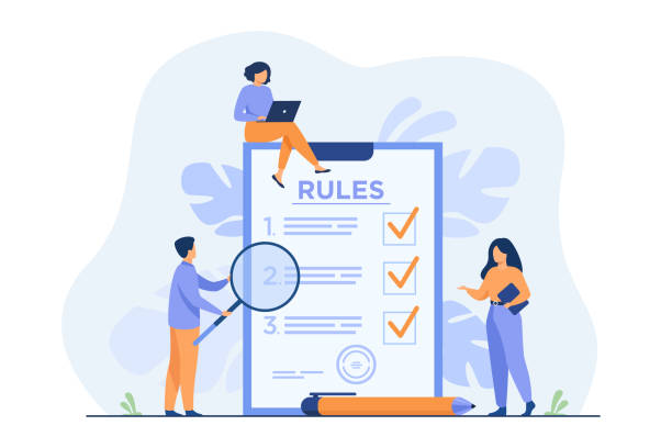 Business people studying list of rules Business people studying list of rules, reading guidance, making checklist. Vector illustration for company order, restrictions, law, regulations concept supervising stock illustrations