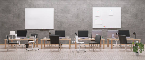 istock Modern office with computers mockup. Black screen. 3d illustration 1282639131