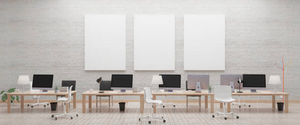 istock Modern office with computers mockup. Black screen. 3d illustration 1282639133