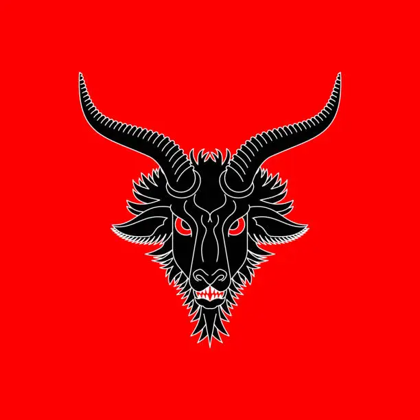 Vector illustration of Baphomet goat head isolated. Satanic symbol. Satan with Demon. Devil symbol pentagram.
