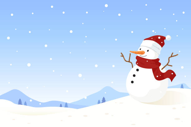 großer niedlicher schneemann auf dem boden mit winterlandschaft hintergrund. - schneemann stock-grafiken, -clipart, -cartoons und -symbole