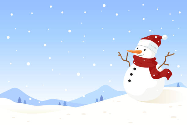 ilustraciones, imágenes clip art, dibujos animados e iconos de stock de gran muñeco de nieve lindo en el suelo con fondo de paisaje de invierno. - winter