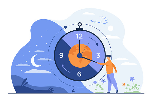 Man moving clock arrows and managing time. Planet, night and day in background. Vector illustration for circadian rhythms, daily routine, morning and evening change, planet movement concept