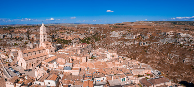 Aerial view of Matera city in the region of Basilicata, in Southern Italy. Matera is an UNESCO world heritage attraction and a touristic and travel destination of Italy.