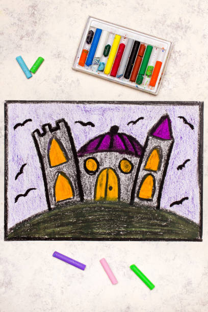 istock Colorful hand drawing: Old scary castle at night. Halloween drawing on white  background 1282641775