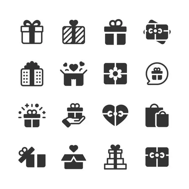 Vector illustration of Gift Glyph Icons. Pixel Perfect. For Mobile and Web. Contains such icons as Gift, Heart, Gift Giving, Decoration, Ribbon, Christmas, Party, Birthday, Holiday, Celebration, Shopping, E-Commerce, Christmas Present, Valentine's Day, Anniversary.