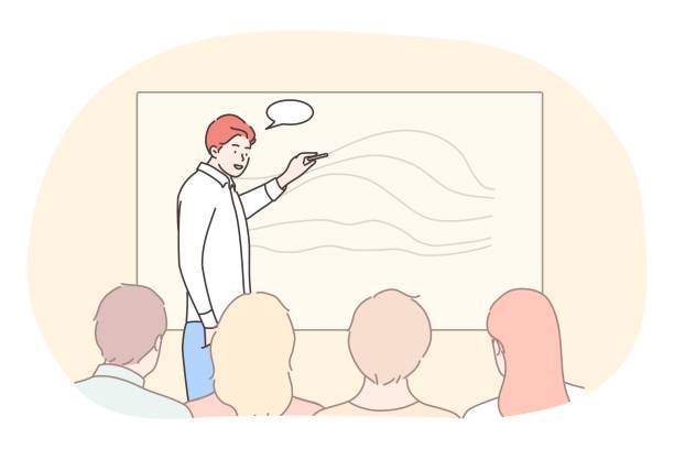 ilustrações, clipart, desenhos animados e ícones de negócios, educação, apresentação, reunião, conferência, conceito de treinamento - cartoon business meeting training