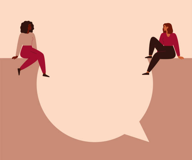 ilustrações de stock, clip art, desenhos animados e ícones de women say concept. young strong girls sit on a big speech bubble and look at each other. - protests human rights