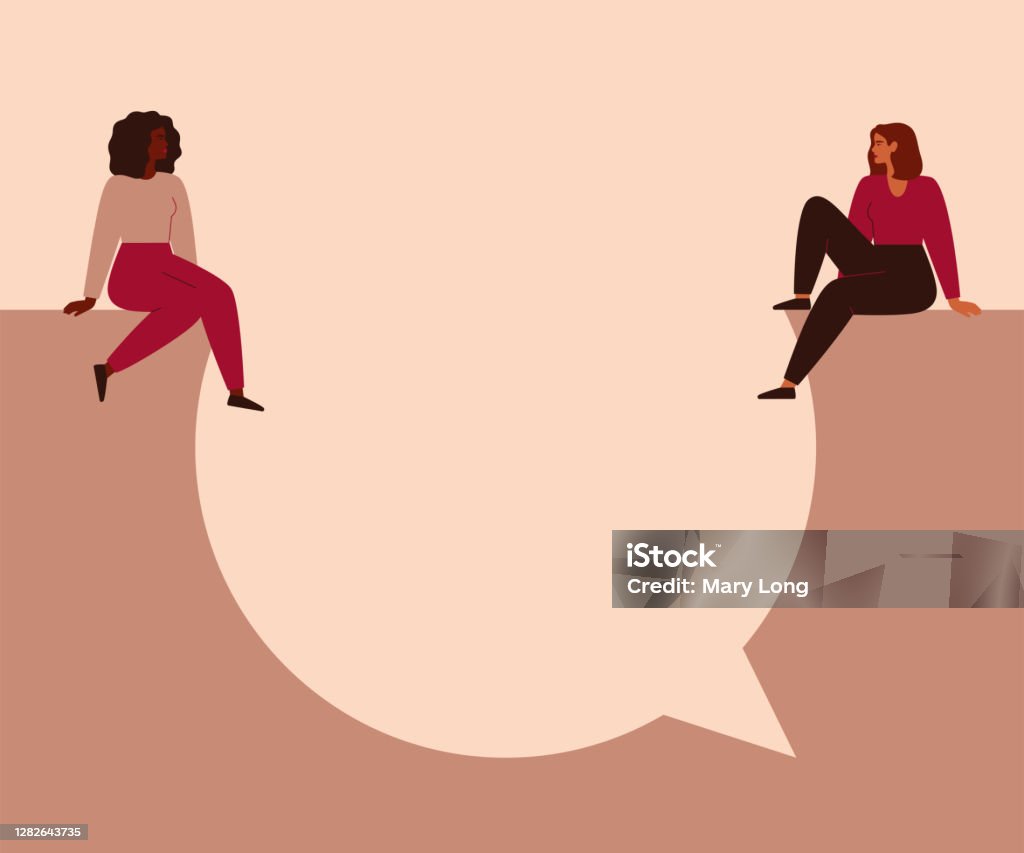 Women say concept. Young strong girls sit on a big speech bubble and look at each other. Women say concept. Young strong girls sit on a big speech bubble and look at each other. Female empowerment movement vector illustration Talking stock vector