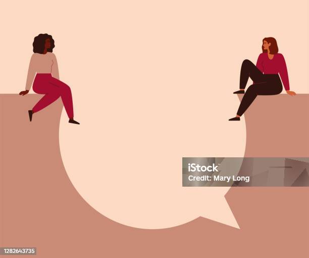 Women Say Concept Young Strong Girls Sit On A Big Speech Bubble And Look At Each Other Stock Illustration - Download Image Now