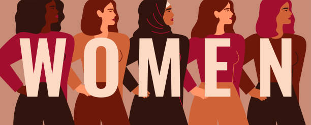 Strong five women and girls of different nationalities and cultures stand side by side behind the word WOMEN. Strong five women and girls of different nationalities and cultures stand side by side behind the word WOMEN. Concept of feminism and female empowerment movement. Vector illustration. confident business woman stock illustrations