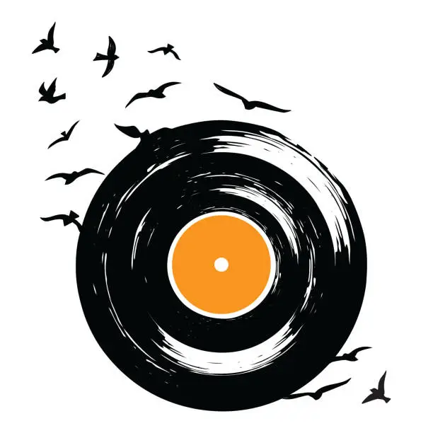 Vector illustration of Retro vinyl record with flying birds 