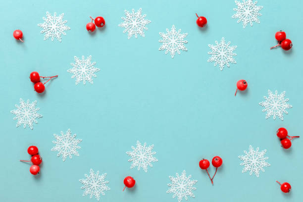 istock Winter design. White snowflakes, red berry in Christmas composition on pastel blue background for greeting card. Winter festive composition with copy space. 1282643902