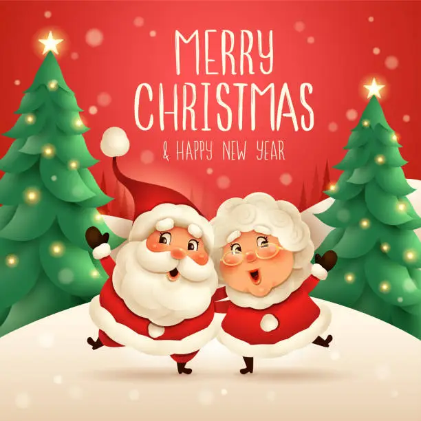 Vector illustration of Merry Christmas! Santa Claus and his wife Mrs Claus arm over shoulder.