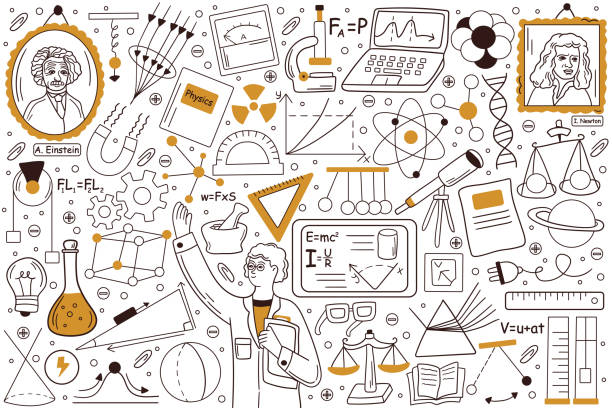Physics doodle set Physics doodle set. Collection of hand drawn templates sketche patterns of man physicist explaining physical laws formulae and holsing equipment tools for tests. Back to school education illustration. lab ammeter stock illustrations