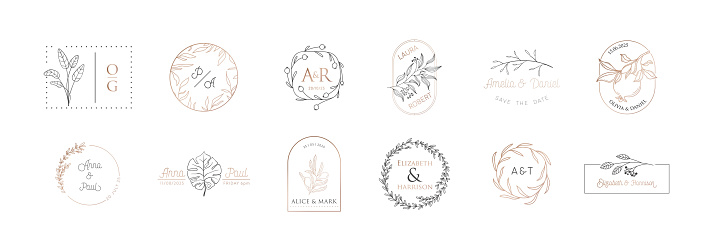 Wedding monogram vector collection, modern minimalistic floral templates, wreath for Invitation, Save the Date Cards. Logo luxury identity for restaurant, boutique, cafe. Calligraphic emblem frame