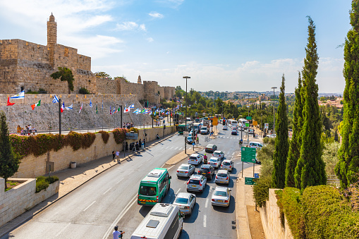 Jerusalem, Israel - Oct 15, 2019: Traffic on Jaffa street in Jerusalem, capital of Israel