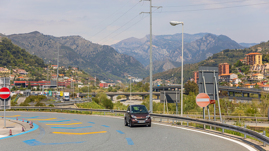 Ventimiglia, Italy - Apr 18, 2019: Car Smart on entrance to toll road collection point