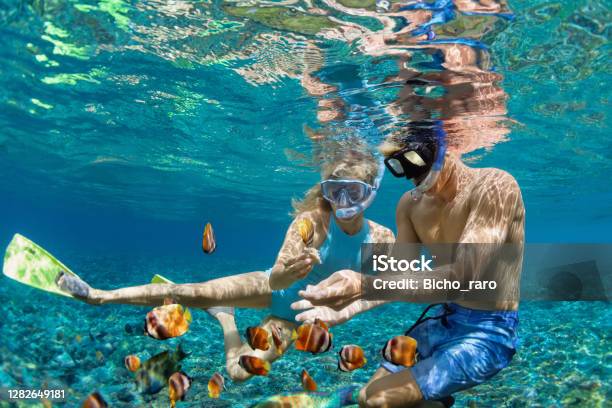 Young Couple In Snorkeling Mask Dive Underwater In Tropical Sea Stock Photo - Download Image Now