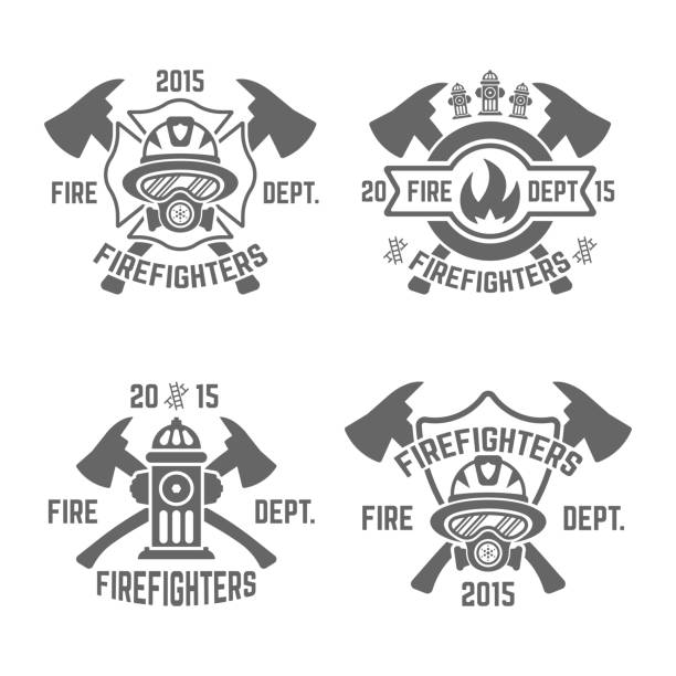 Set of fire department monochrome vector labels on white background Set of fire department monochrome vector labels on white background firefighter shield stock illustrations